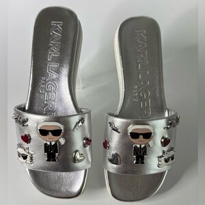 Karl Lagerfeld Jeslyn‎ Cate Enamel Pins Silver Embellished Flats Sandals 6M SH3